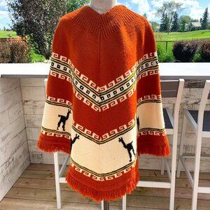 Vintage Hand Knit Fringed Wool Poncho Cape Llamas Boho Hippie Sweater Shawl